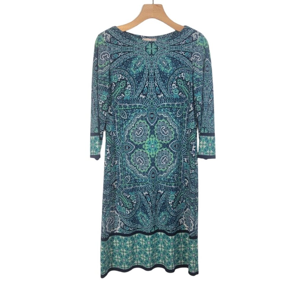 DB Dressbarn Dress Signature 3/4 Sleeve Teal Paisley Boho Camry Dress Sz 4‎